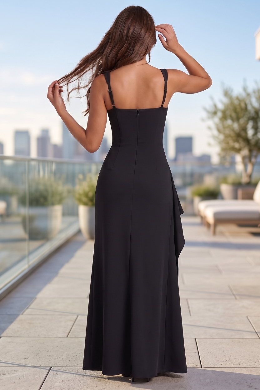 Woman in a flowing elegant maxi dress with a high slit, showcasing graceful movement for special events.