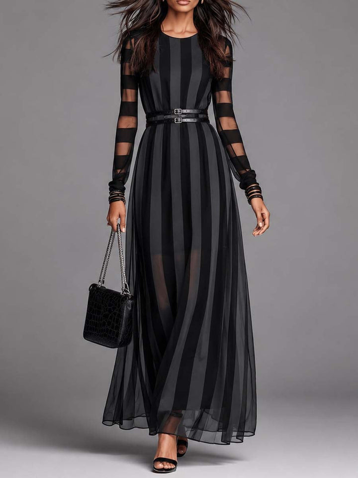 Elegant black women's maxi dress with sheer sleeves, round neck, and a stylish belt. Perfect for formal events & parties.