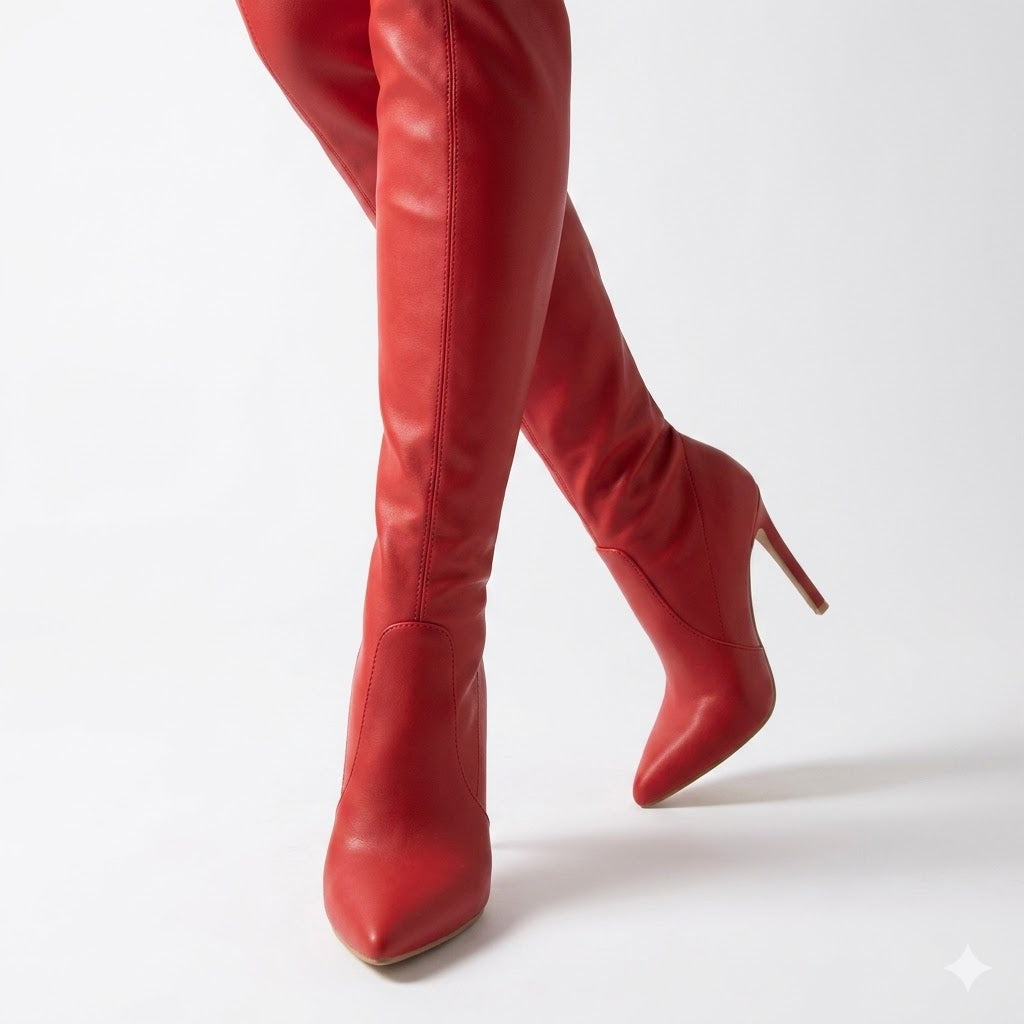 Elegant black women's over-the-knee stiletto boots with a sleek pointed toe and slim fit, perfect for evening wear.