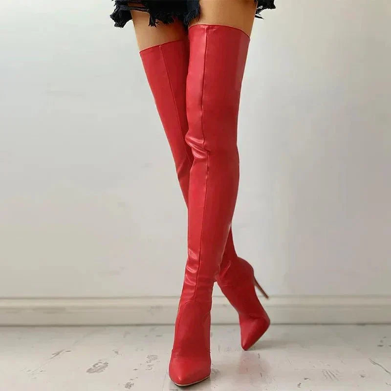 Stylish black leather-look over-the-knee boots for women, featuring a pointed toe, slim fit, and stiletto heel.