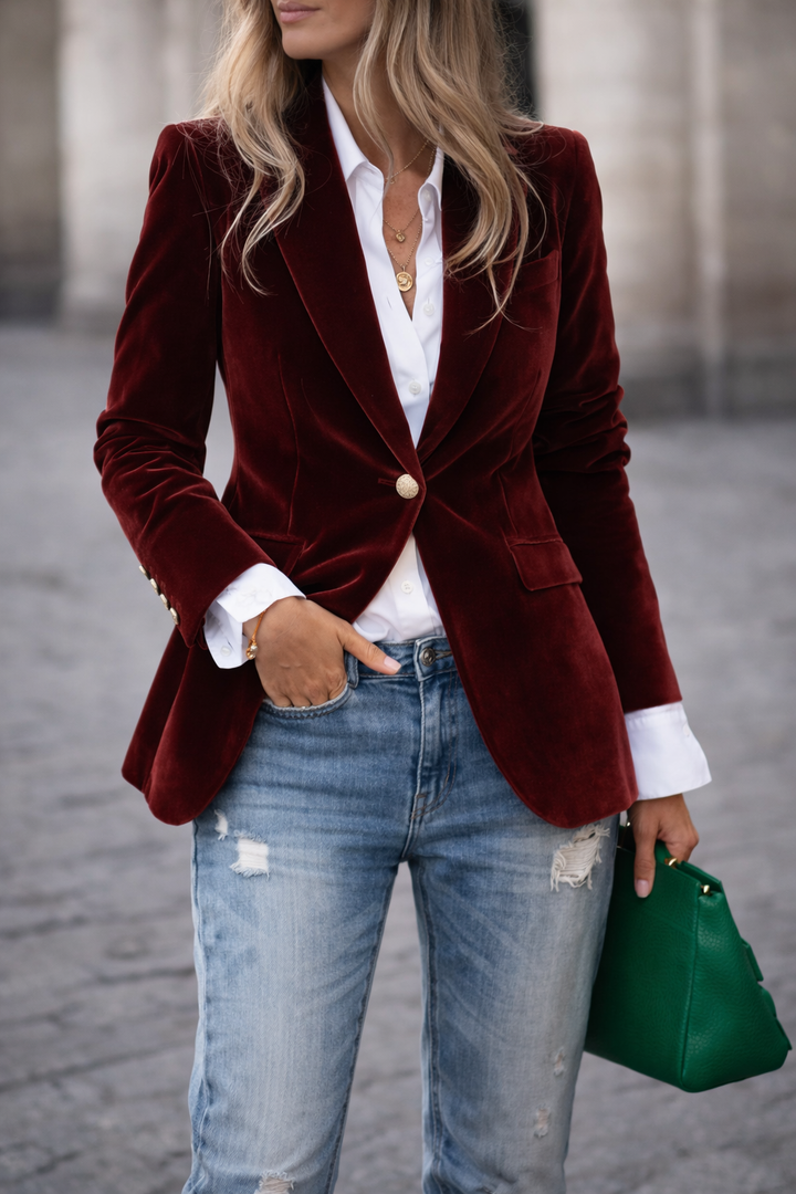 Stylish green women's evening blazer, slim fit, with a chic peak lapel and decorative gold buttons.