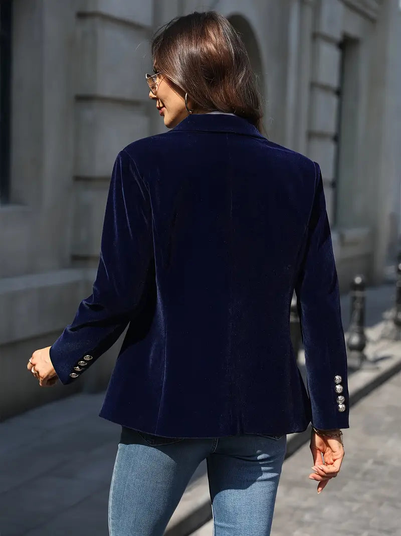 Red smart casual women's blazer, peak lapel design, slim fitting, enhanced with sophisticated gold buttons.
