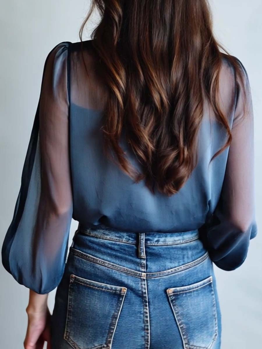 Fashionable blue embroidered top with sheer long sleeves, V-neck, and delicate floral pattern for women.