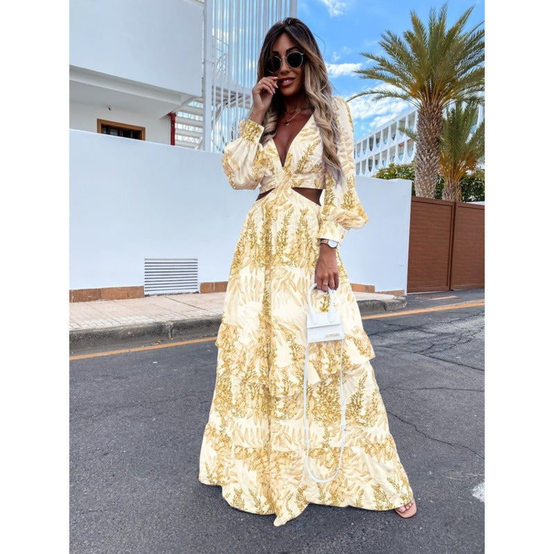 Yellow elegant long dress for women, timeless fashion. Comfortable maxi dress, perfect for formal or casual wear.