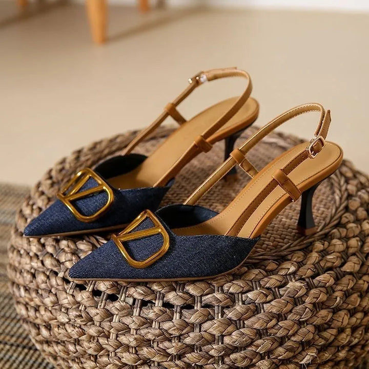 Elegant blue Valentina pointed toe slingback stiletto heels for women, perfect for evening wear & dress occasions.