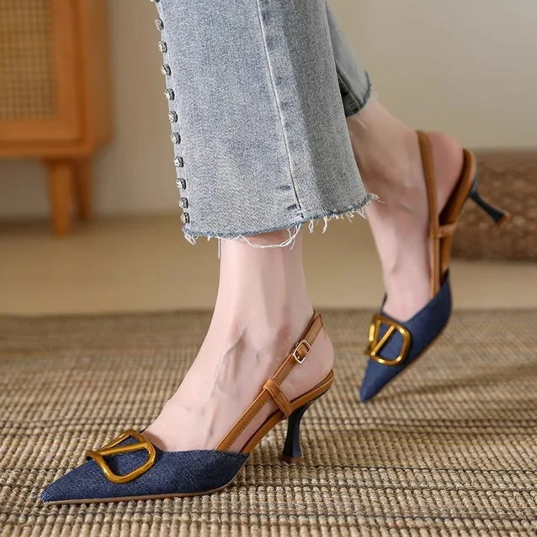 Women's blue luxury Valentina pointed stiletto slingback heels with adjustable strap for fashion & comfort.
