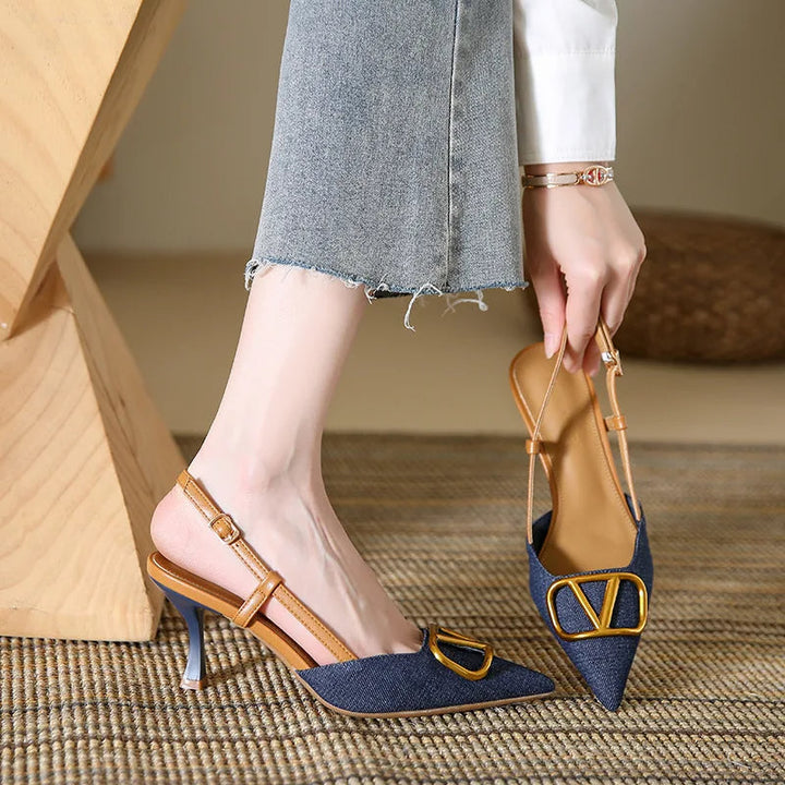 Valentina women's blue pointed toe stiletto heels, sleek slingback design, ideal for evening fashion.