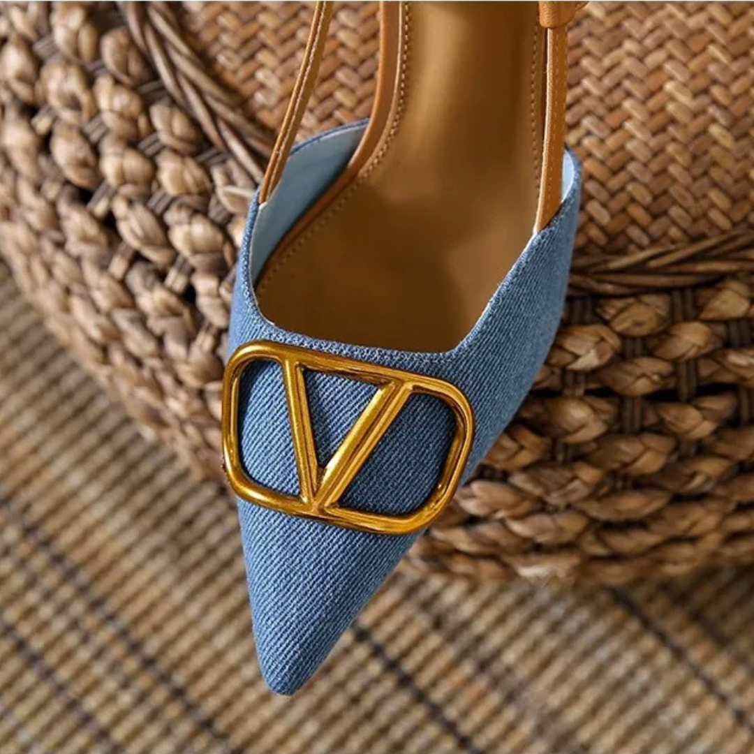 High stiletto heel blue Valentina slingback shoes with pointed toe, perfect women's fashion & evening footwear.