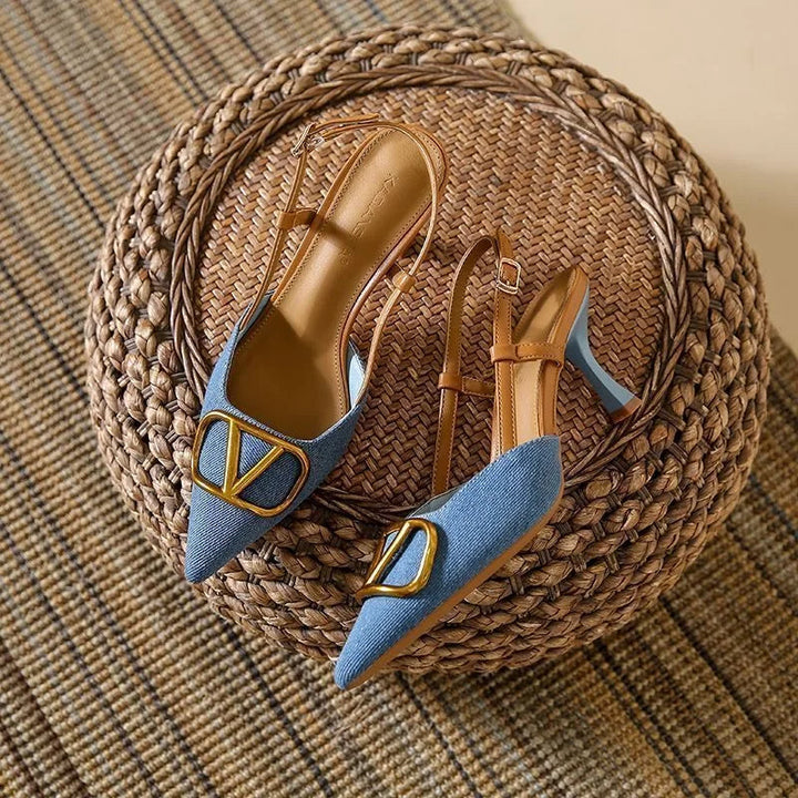 Valentina women's blue pointed toe slingback stiletto heels, luxury dress shoes, adjustable for evening fashion.