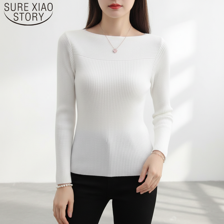 Slim fit women's knit pullover with a sophisticated boat neckline, comfort wear
