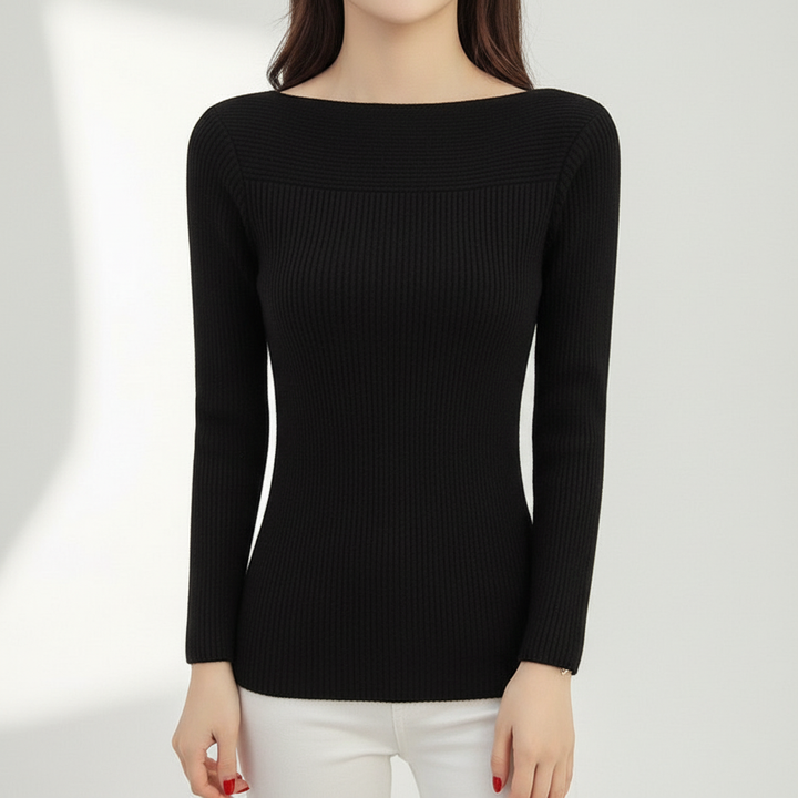 Close-up of a women's elegant knit pullover sweater with boat neckline texture