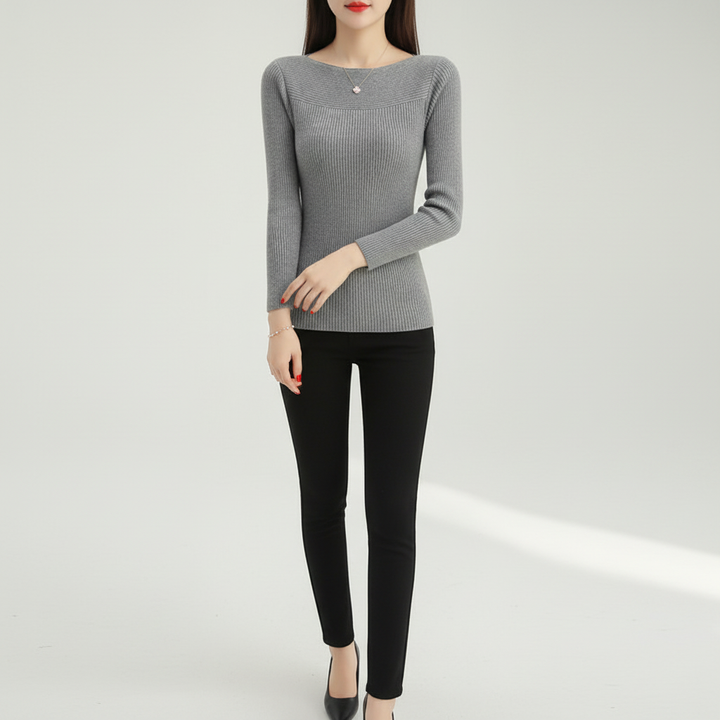 Women's comfort wear knit pullover sweater with a chic boat neckline design