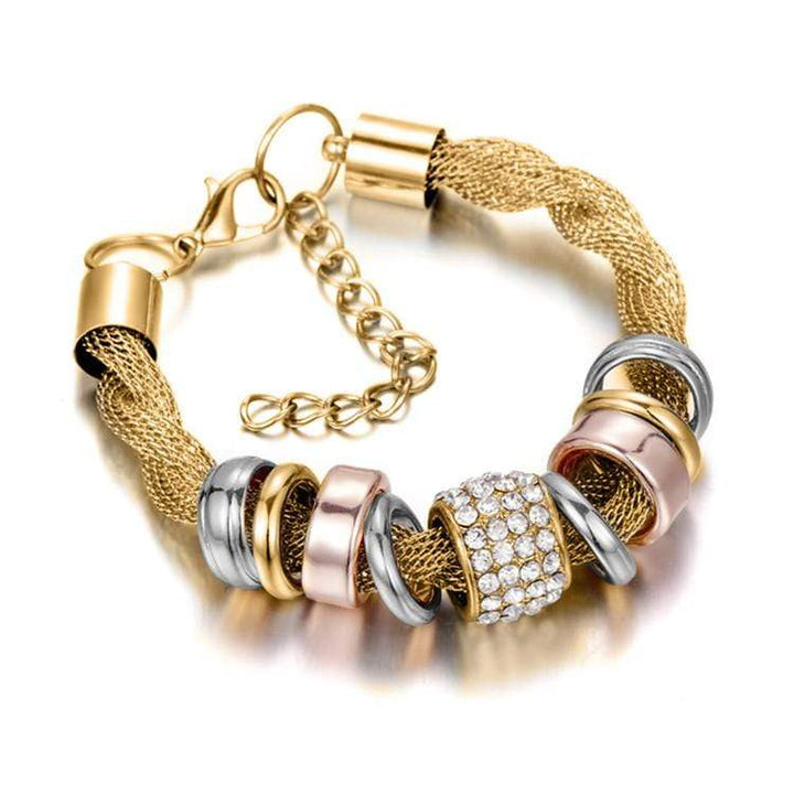 Model wearing a women's braided silver fashion bracelet, showcasing elegant style and design.