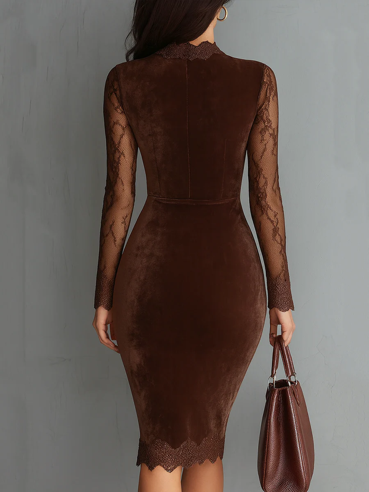 Women's flattering long sleeve bodycon mini dress in brown, ideal for cocktail parties, nights out & special occasions.
