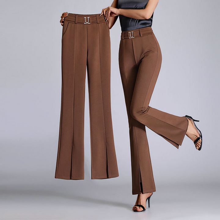 Elegant brown flared trousers for women, chic & sustainable. Perfect for office or stylish casual wear.