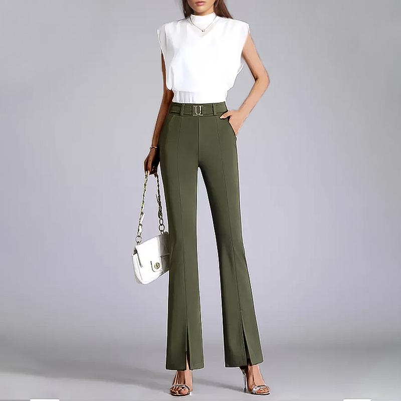 Sustainable elegant flared pants for women. Chic mid-rise trousers, perfect for office, casual chic, and eco-friendly style.