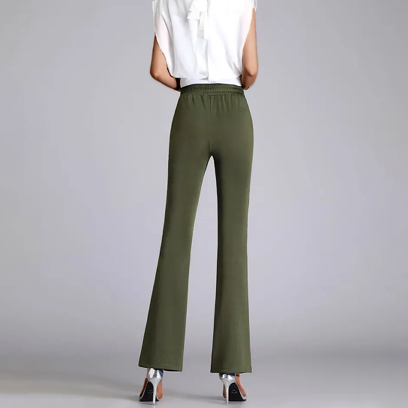 Women's elegant mid-rise flared trousers, sustainable & chic. Ideal for comfortable office wear or stylish casual outfits.