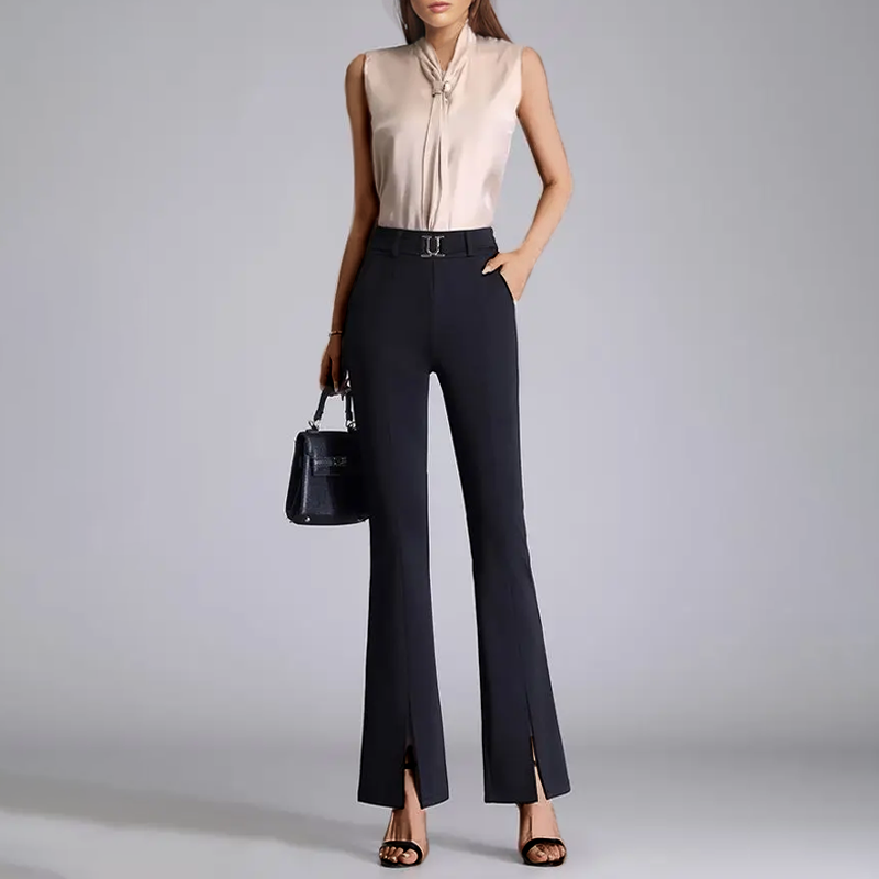 Stylish sustainable flared trousers for women in brown, green, or blue. Elegant mid-rise pants for chic office wear.