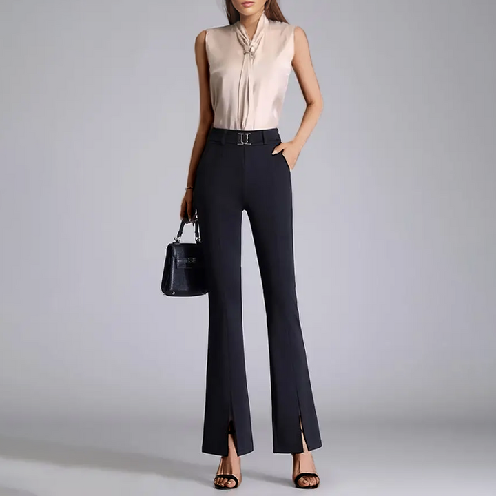 Stylish sustainable flared trousers for women in brown, green, or blue. Elegant mid-rise pants for chic office wear.