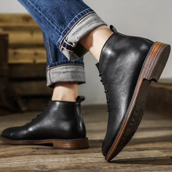 Men's brown leather casual boots paired with an everyday outfit. Stylish, comfortable, and versatile men's footwear.