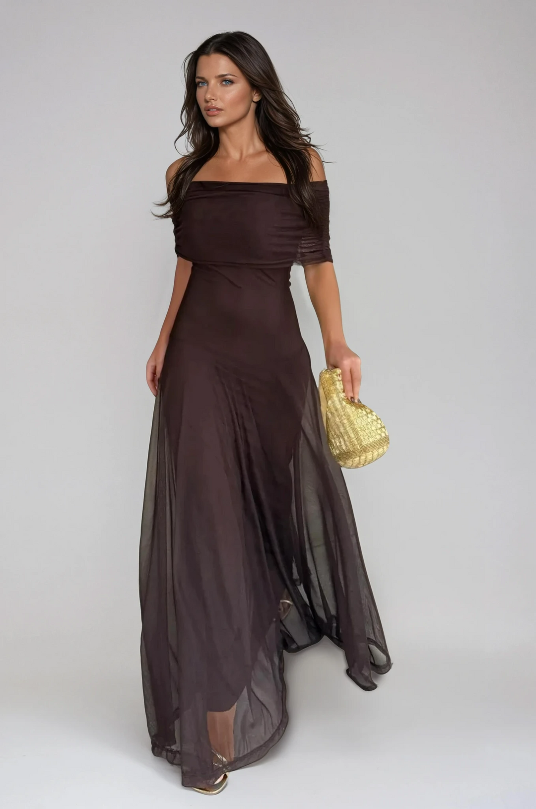 Elegant brown off-shoulder maxi dress for women, featuring a flowing A-line silhouette, perfect for evening events.