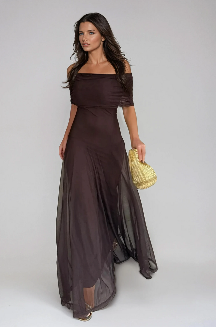 Elegant brown off-shoulder maxi dress for women, featuring a flowing A-line silhouette, perfect for evening events.