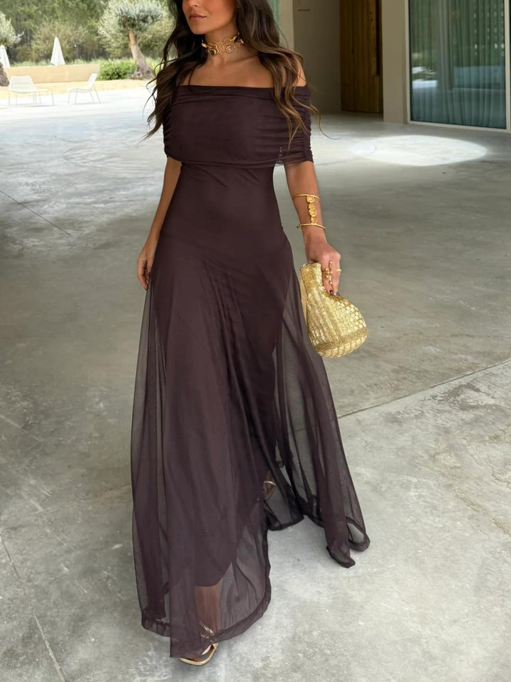 Women's formal off-shoulder brown maxi dress with a flattering A-line silhouette, ideal for special occasions.