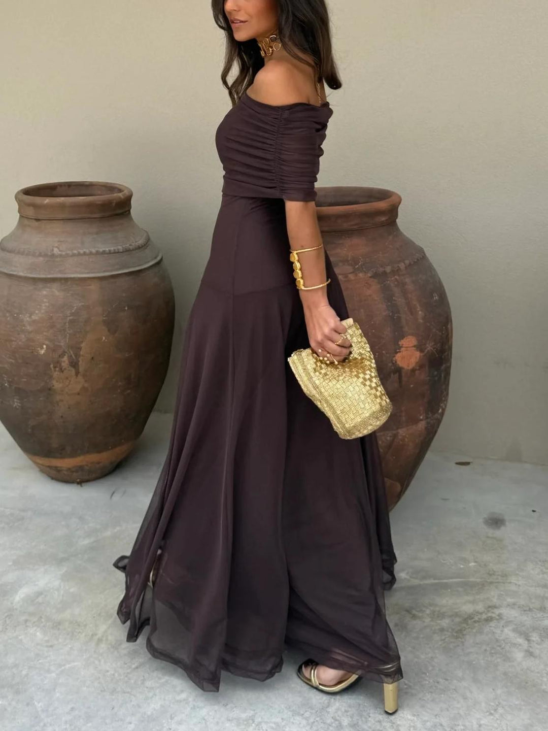 Flowy brown off-shoulder long dress for women, an elegant A-line maxi dress perfect for summer parties.