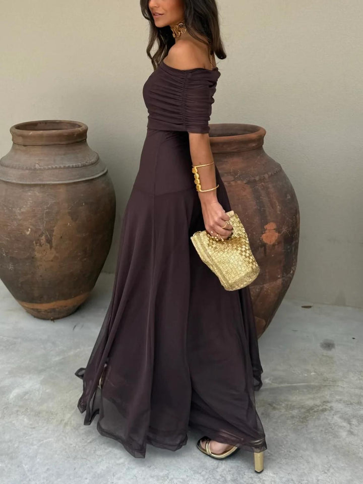 Flowy brown off-shoulder long dress for women, an elegant A-line maxi dress perfect for summer parties.