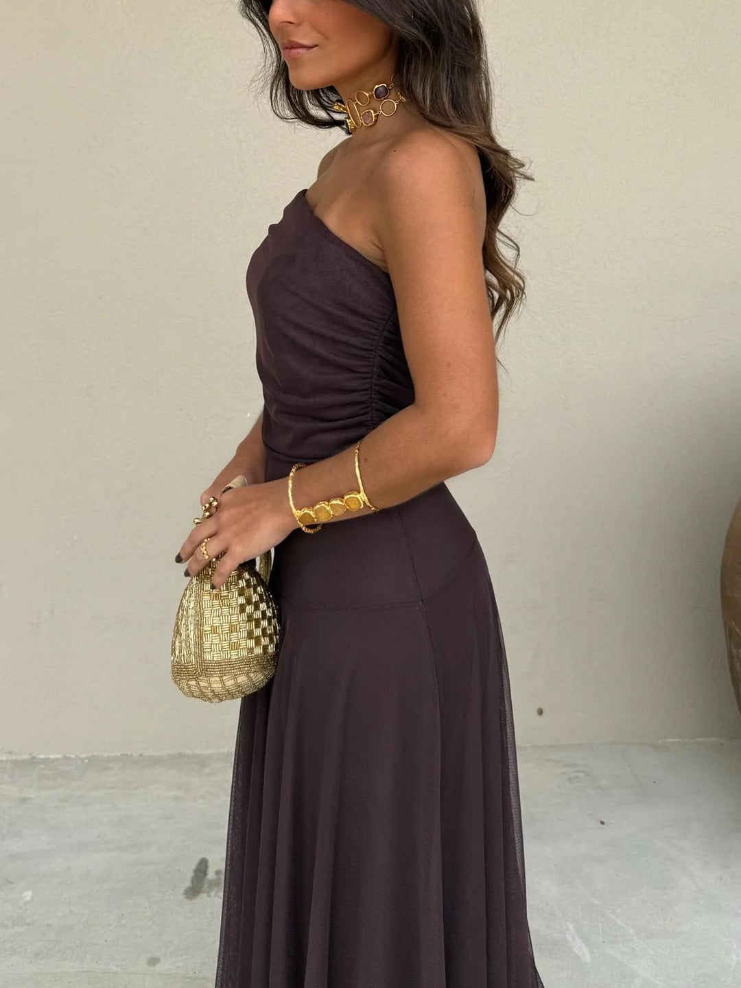 Long brown off-shoulder A-line maxi dress for women, an elegant and flowy option for formal and summer events.