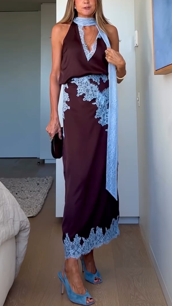 Elegant brown tie-dye halter maxi dress for women, featuring a stylish side slit and flowing design.