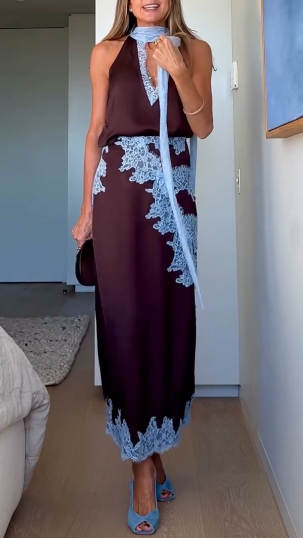 Women's boho elegant tie-dye halter maxi dress with side slit, perfect for summer vacation.