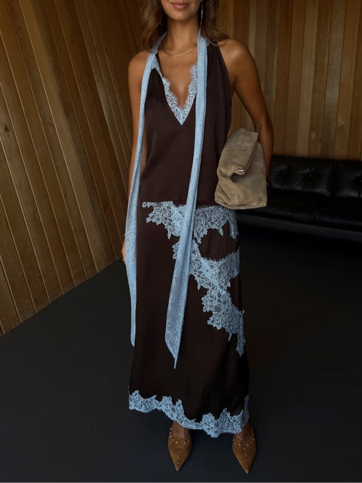 Flowing brown tie-dye maxi dress for women, elegant halter neck & side slit for summer comfort.