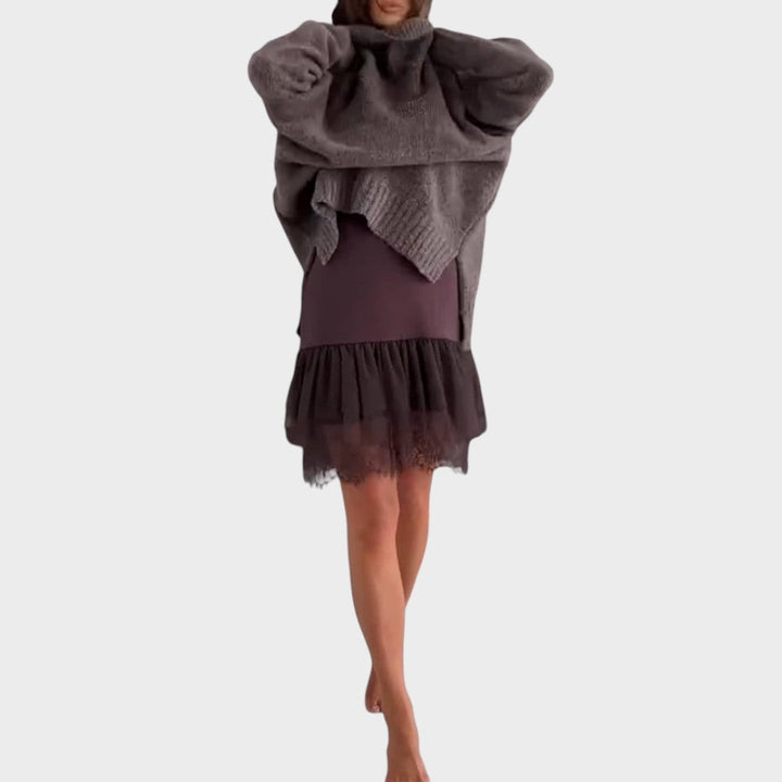 Versatile women's brown long-sleeve sweater and lace-trim slip dress set for an elegant, layered look.