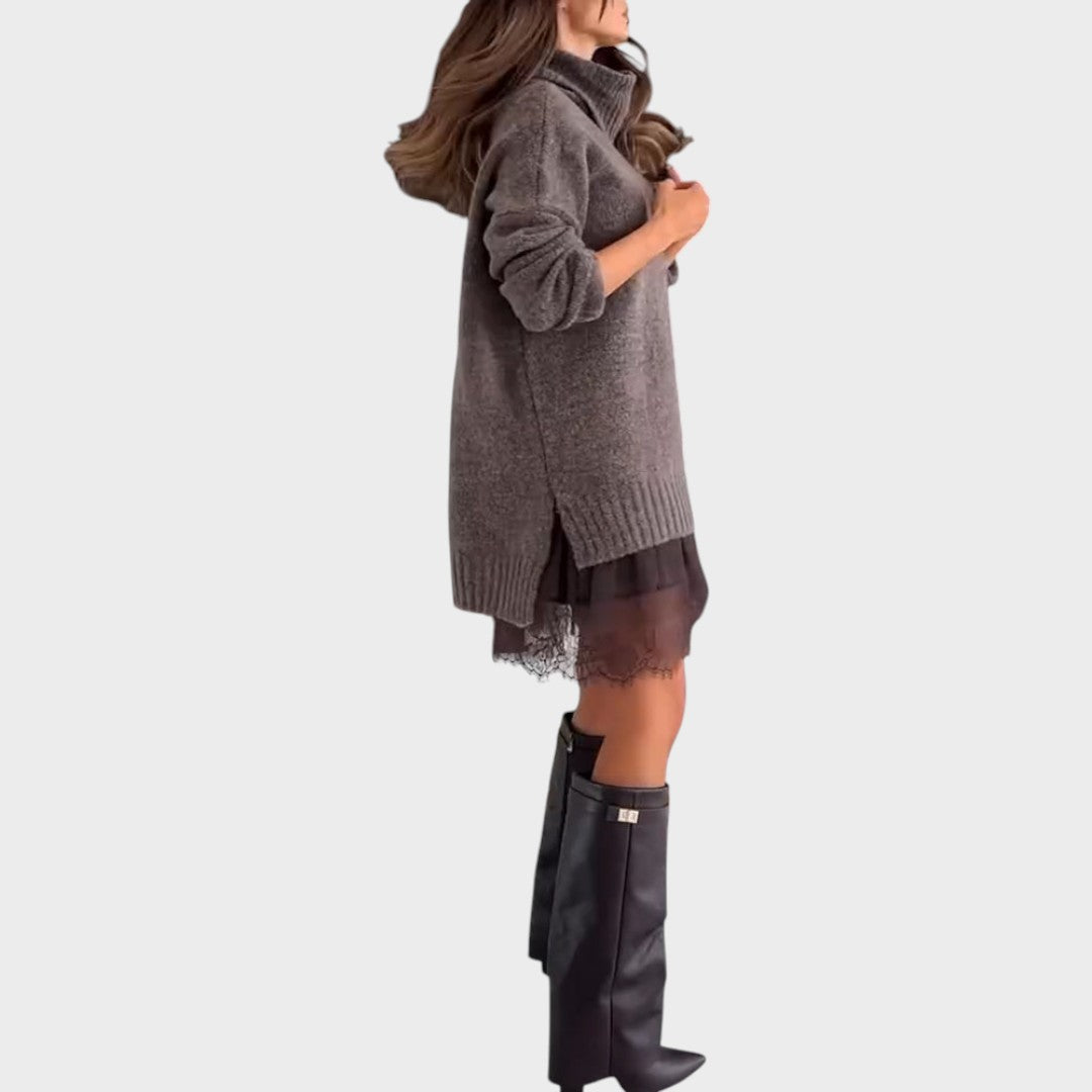 Model wearing a brown two-piece women's sweater and slip dress set, showcasing cozy and elegant layered style.