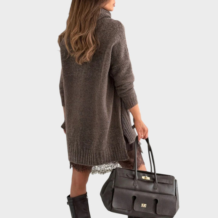 Stylish brown women's long-sleeve turtleneck sweater paired with a matching lace-trim slip dress. Cozy fashion.