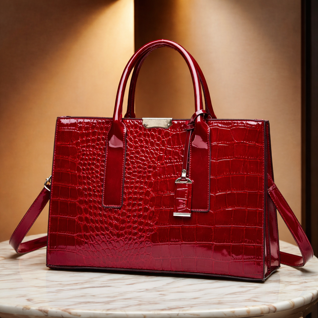 Stylish black grey women's handbag with faux crocodile texture, a luxury fashion accessory perfect for any elegant outfit.