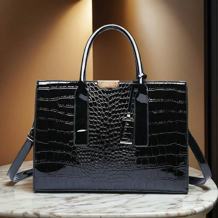 Chic gold red faux leather handbag for women, designed with elegant crocodile texture and practical multi-pocket storage.