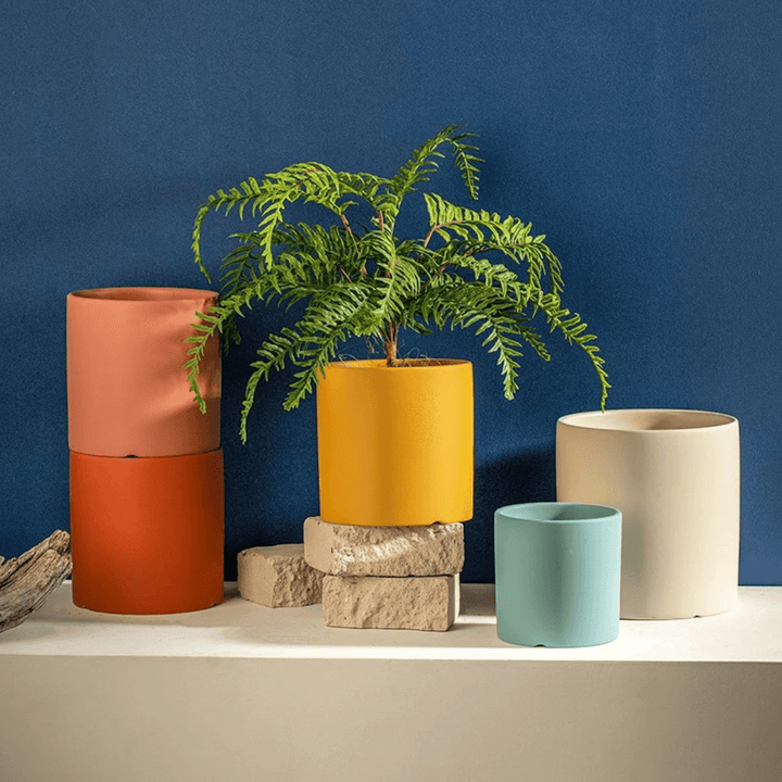 Stylish indoor plant pot, made of ceramic with a protective water-catching saucer.