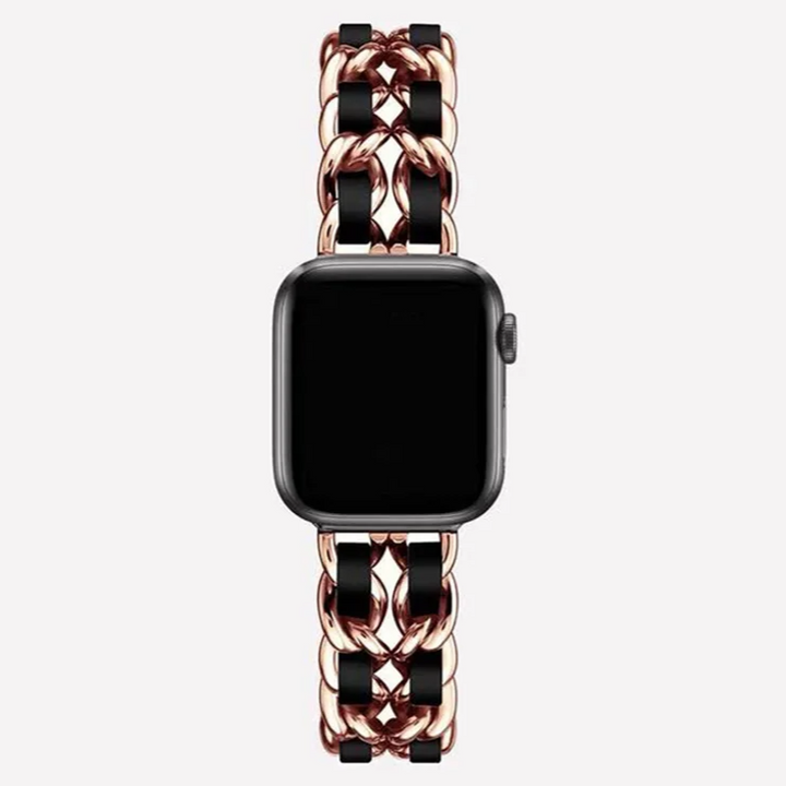 Women's luxury rose gold chain link Apple Watch band, elegant fashion metal strap. Smartwatch accessory.