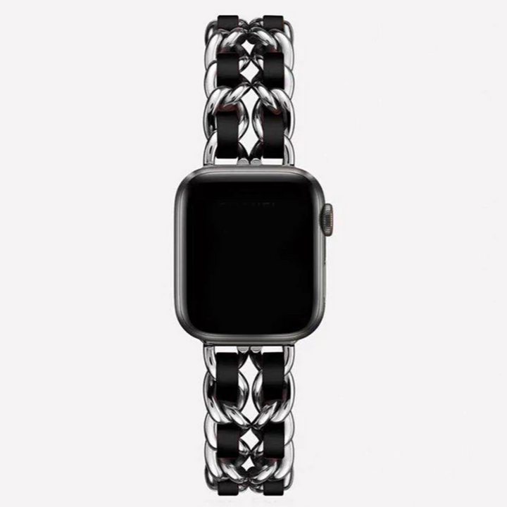 Silver chain link Apple Watch band, polished women's accessory, elegant smartwatch strap. Metal fashion.