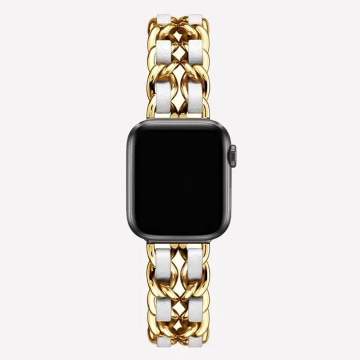 Gold chain link Apple Watch band, luxury women's metal strap, elegant fashion accessory. Polished look.