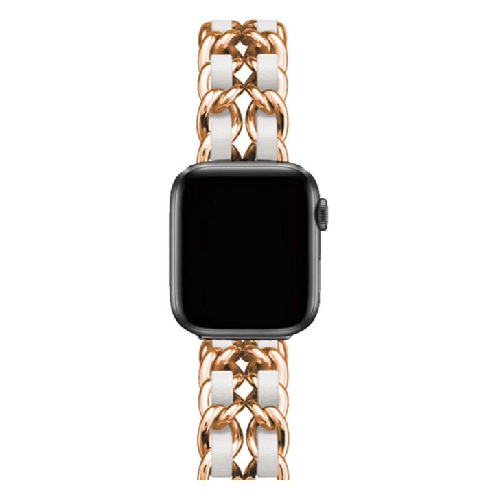 Interlocking chain link Apple Watch band for women, elegant polished finish. Metal smartwatch accessory.
