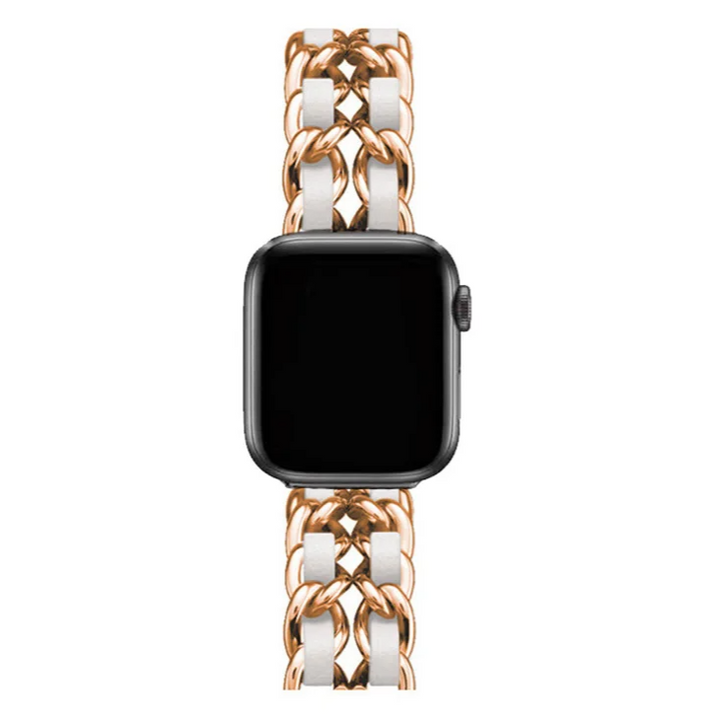 Interlocking chain link Apple Watch band for women, elegant polished finish. Metal smartwatch accessory.