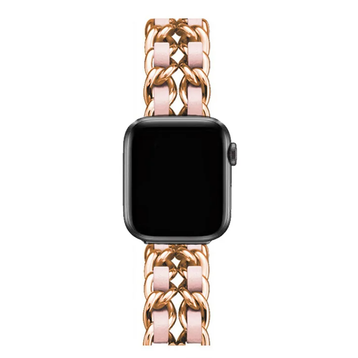 Stylish gold chain link Apple Watch band for women, polished metal elegant fashion accessory.