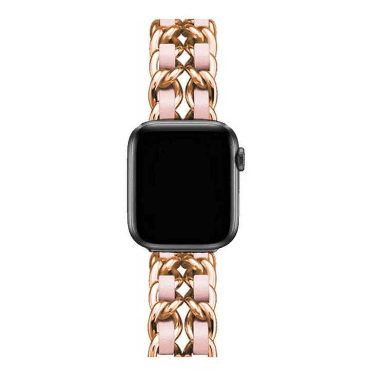 Stylish gold chain link Apple Watch band for women, polished metal elegant fashion accessory.