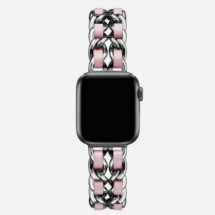 Stylish rose gold chain link Apple Watch band for women, polished metal elegant fashion accessory.
