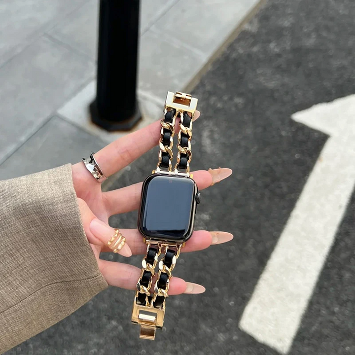 Rose gold elegant chain link Apple Watch band for women, luxury polished metal strap. Smartwatch accessory.