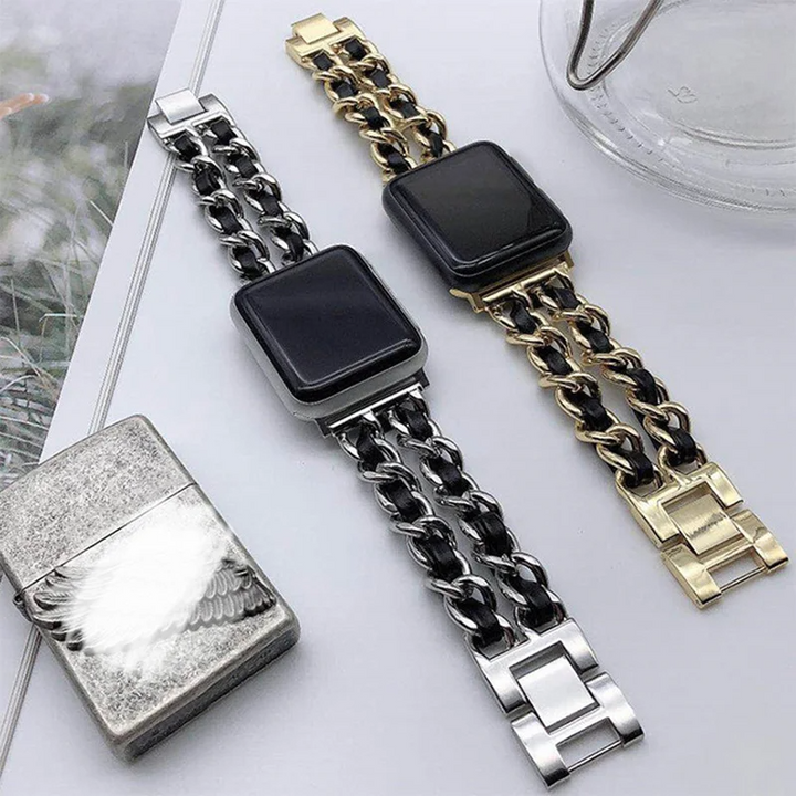 Women's polished metal chain link Apple Watch band, stylish & elegant accessory for smartwatches.