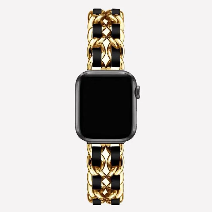 Polished metal chain link Apple Watch band, a sleek and elegant women's accessory for smartwatches.